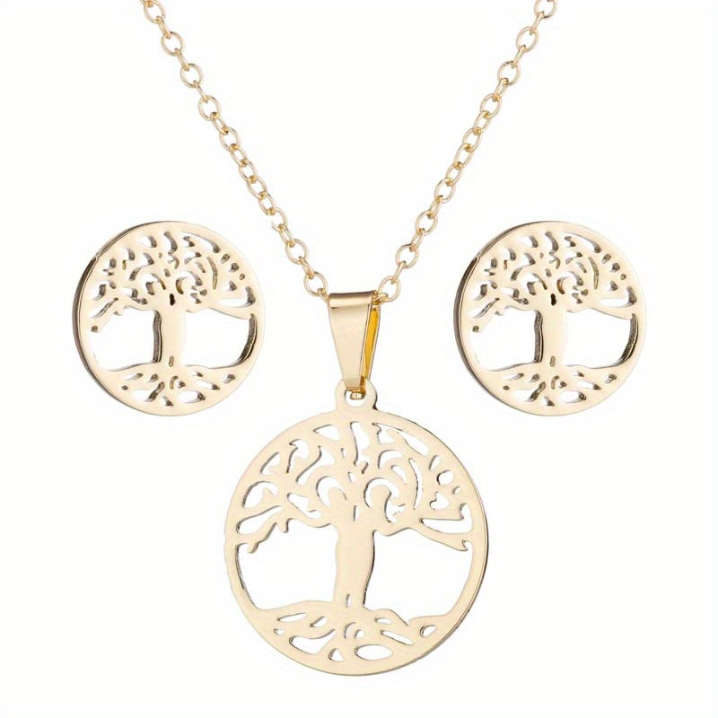 Stainless Steel Monstera Pendant Necklace Set